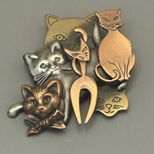 6 Cats Brooch Pin Mixed Metal Tones Silver Gold Copper Figural 3D